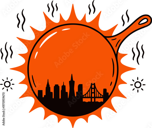 Vector illustration of a hot frying pan shaped like a blazing sun with a city skyline inside. Perfect for urban heatwave concepts, global warming awareness, and extreme summer weather designs