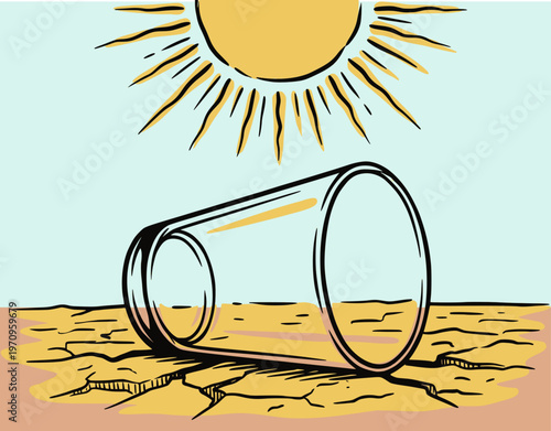 Vector illustration of an empty glass lying on dry cracked earth under a blazing sun. Perfect for drought, water scarcity, dehydration, extreme summer heat, and climate change concepts