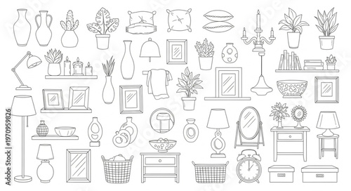 Collection of Hand-Drawn Interior Design Elements and Furniture Sketches.