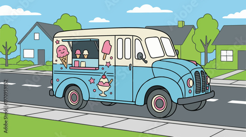 Vector illustration of a retro blue ice cream truck driving on a suburban neighborhood street. Perfect for summer food concepts, street food business designs, and nostalgic summer childhood themes