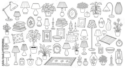Collection of Hand-Drawn Interior Design Elements and Furniture Sketches.