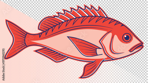 Pixel art illustration of a red rockfish with red scales, fins, and tail, sea life, transparent background, pet store