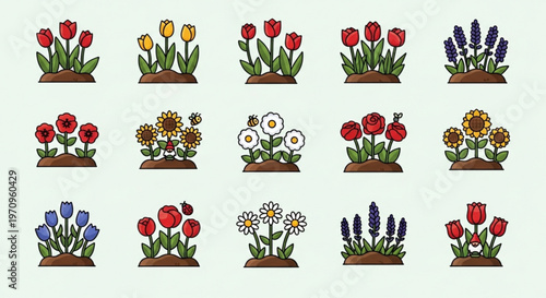 Collection of colorful flowers and plants in brown pots on light green background illustration