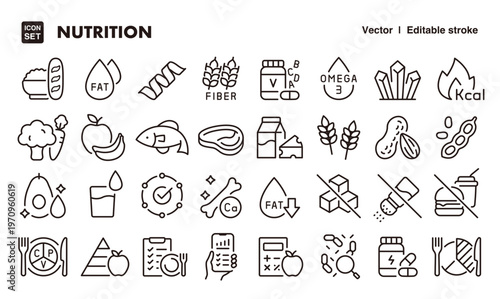 Nutrition and Healthy Eating Icon Set – Editable Line Style