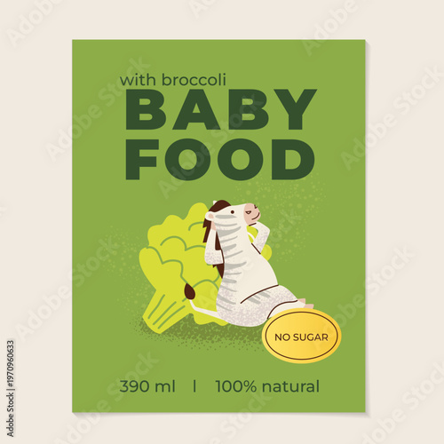 Cute zebra with broccoli kids food label. Bright playful animal character, healthy nutrition concept for baby food packaging, organic product branding, colorful commercial design.