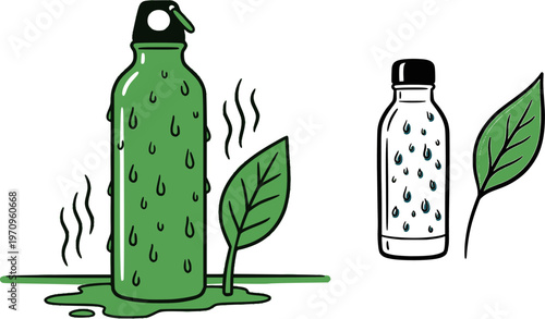 Set of sweating water bottles in summer heat with condensation drops and green leaf. Ideal for eco-friendly hydration concepts, hot weather survival clipart, and reusable drinkware designs.