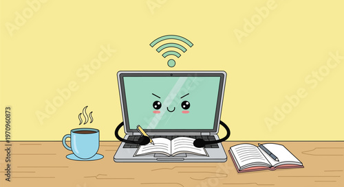 A cartoon laptop with a face sits on a desk with books and coffee