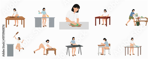 Flat Illustration Female Character Doing House Cleaning Activity on Several Tables