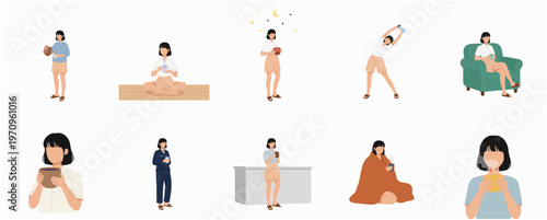 Simple Lifestyle Daily Activity Woman Illustration Set Flat Design