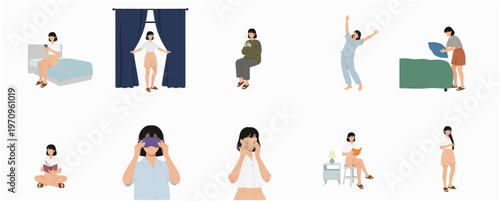 Flat Style Various Detail Lifestyle of Woman Doing Daily Activity Illustration