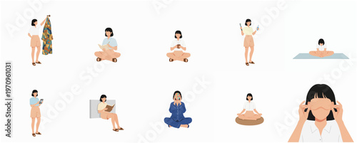 Simple Flat Design Woman Daily Activity Lifestyle Illustration Scene Set