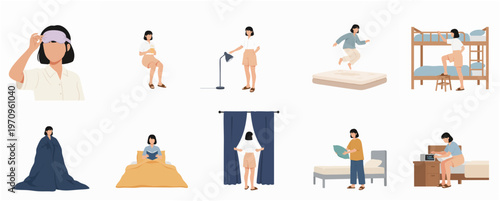 Flat Illustration Woman Daily Routine Activities in Bedroom Isolated on White Background