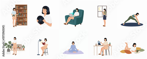 Flat Design Illustration Set of Woman Doing Different Activities at Home