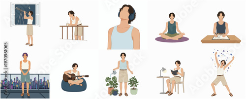 Flat Style Diverse Man Doing Relaxing Activities at Home Illustration Set