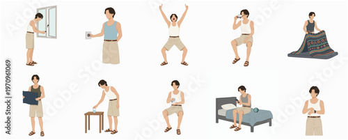 Minimalist Flat Style Man in Various Poses and Activities Illustration Set