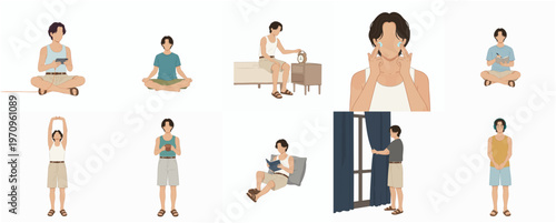 Flat Style Daily Activity of a Man in Various Poses Illustration