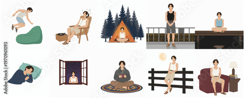 Flat Illustration Set of People Relaxing in Various Comfortable Scenarios