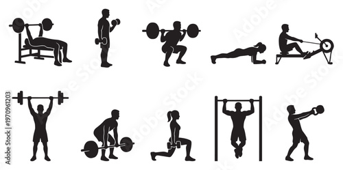 A collection of black silhouette icons depicting various exercises and fitness activities, perfect for health and wellness themes.