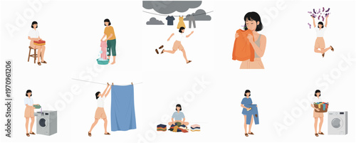 Flat Illustration Set of Woman Doing Laundry and Housework Activities