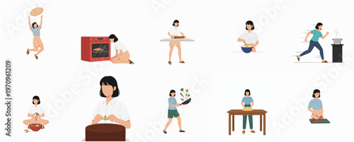 Flat Design Woman Cooking and Baking Variety Illustration Set