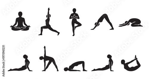 This set features black silhouettes of people performing various yoga poses against a clean white background, showcasing flexibility and balance.