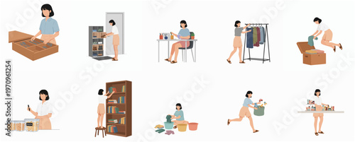 Flat Illustration Woman Doing Various Home Organizing and Decluttering Activities Set