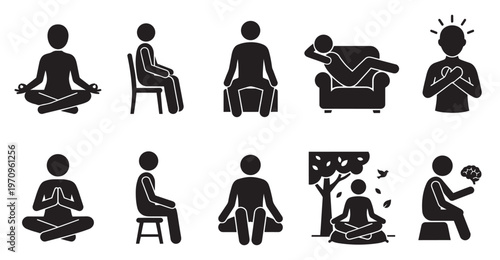Collection of black and white stick figure icons representing diverse individuals in various meditative and relaxation poses, including yoga, sitting, and reclining.
