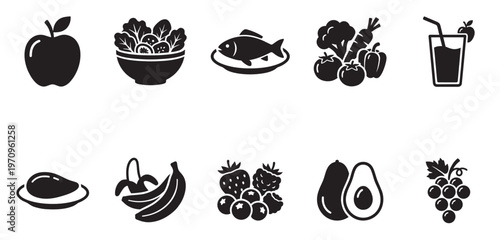 Collection of black flat icons representing healthy food items including fruits vegetables fish salad and juice on a white background.
