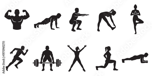 A collection of black silhouettes depicting various fitness activities including weightlifting, running, yoga, and strength training poses, suitable for health and wellness themes.