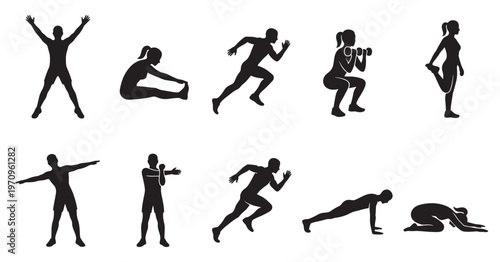 Collection of black silhouettes showing various exercises like jumping jacks, stretching, running, squats, and yoga poses on a clean white background for a healthy lifestyle concept.