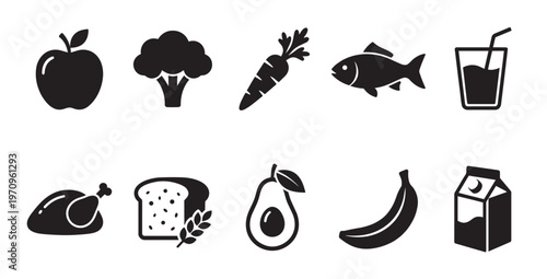 A collection of black and white icons representing various food items, including fruits, vegetables, meat, fish, bread, drinks, and dairy, suitable for nutrition and culinary concepts.