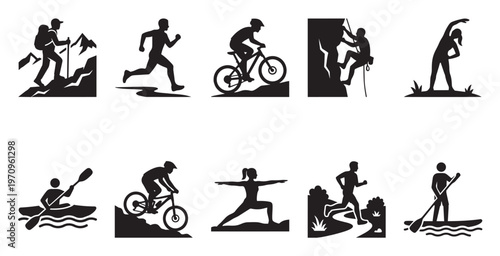 A set of black and white silhouettes depicting various outdoor recreational activities including hiking, running, cycling, climbing, yoga, kayaking, and paddleboarding.