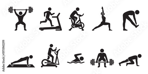 A collection of black silhouette icons illustrating various fitness activities and sports, including weightlifting, cardio, yoga, and swimming, suitable for health and wellness themes.