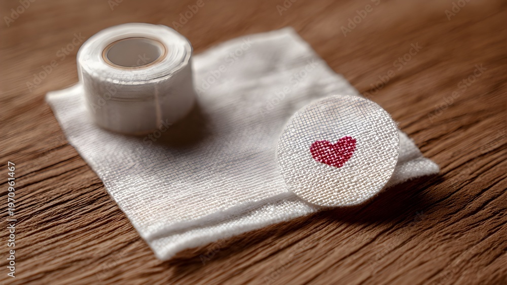 Fototapeta premium Still Life Photography of a Small Heap of White Plaster with Heart Icon, Medical First Aid Concept, Healing and Recovery Symbol, Healthcare Treatment Elements Isolated on Neutral Background