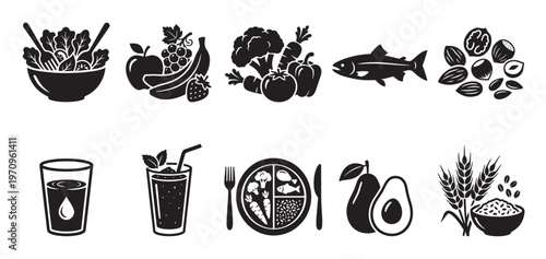 Collection of black silhouette icons depicting a healthy lifestyle, including fresh fruits, vegetables, salad, fish, nuts, grains, and drinks.