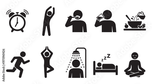 A collection of black and white silhouette icons depicts a person's daily routine, including waking up, exercising, and hygiene.