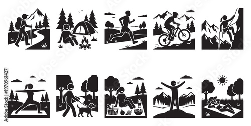 This set of black and white pictogram icons depicts various outdoor leisure activities like hiking, camping, running, biking, climbing, yoga, dog walking, picnicking, and sunbathing.