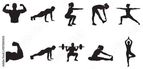 A collection of black silhouettes depicting various fitness exercises including weightlifting yoga and bodyweight training on a white background.