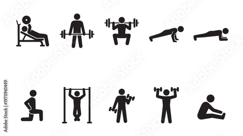 Collection of black silhouette icons representing various gym exercises including weightlifting, bodyweight training, and stretching, perfect for fitness and health concepts.