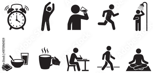 A collection of black pictogram icons depicting common daily activities such as waking up, exercising, showering, eating, working, and meditating on a white background.