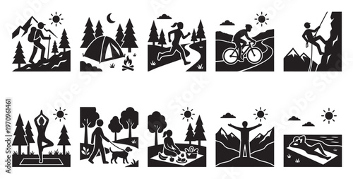 A collection of stylized black and white silhouette icons depicting various outdoor recreational activities like hiking, camping, running, cycling, climbing, yoga, and relaxing.
