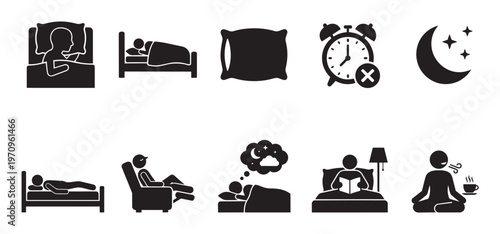 Collection of simple black vector icons representing nighttime activities and sleep, including sleeping in beds, a pillow, moon, alarm clock, and relaxation.