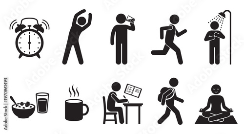 A set of black silhouette icons depicting various daily activities like waking up, exercising, eating, and meditating, perfect for illustrating lifestyle and productivity concepts.