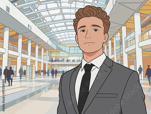 Businessman stands in modern office lobby while people walk around during a busy workday in a corporate environment