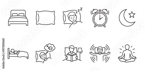 A collection of line art icons representing various aspects of sleep and rest, including beds, pillows, sleeping individuals, an alarm clock, and meditation.