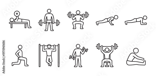 A clean, minimalist icon set depicts various fitness exercises including weightlifting, push-ups, and stretching, perfect for health and wellness graphics.