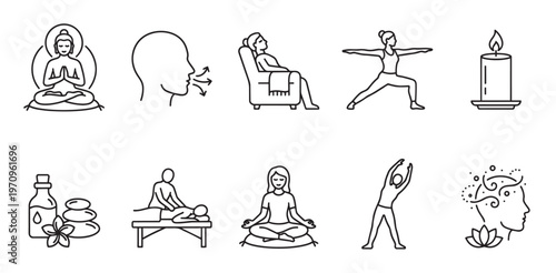 A collection of line art icons depicting various wellness activities including yoga poses, meditation, massage, and aromatherapy for a sense of calm and relaxation.
