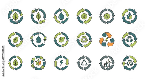 Eco-friendly recycling and sustainability icons set with green energy and nature symbols