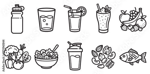 Collection of simple line art icons representing healthy food and drinks, including fruits, vegetables, salad, fish, nuts, smoothies, and water bottles for a balanced diet.