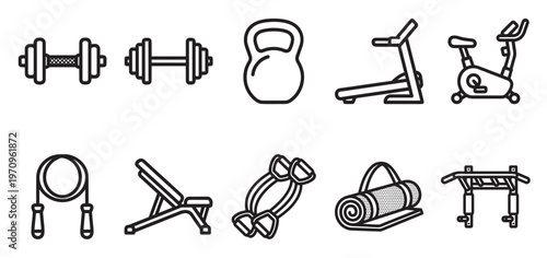A collection of line art icons representing various fitness equipment for a gym or home workout, ideal for digital or print use.